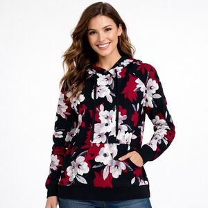 Lildy Super Soft Hoodie Womens Small Medium Black Red Floral Pullover Sweatshirt